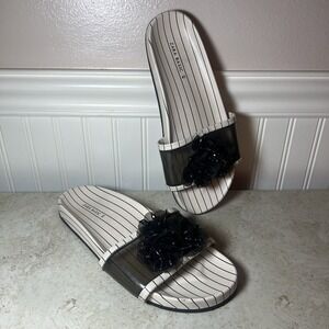 Zara Basic Pinstripe Slide Sandals Women's Size 40 US 9 Black White Floral Jelly